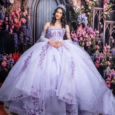 Lavender Quinceanera Dresses Shiny Lace Sequin Applique Cape Ball Gowns Sweet 16