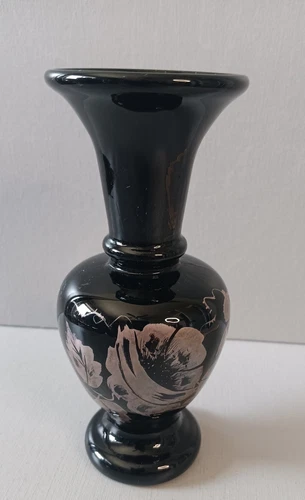 Fenton Ebony/Black 6" Vase With Silver Poppies Hand Painted And Signed