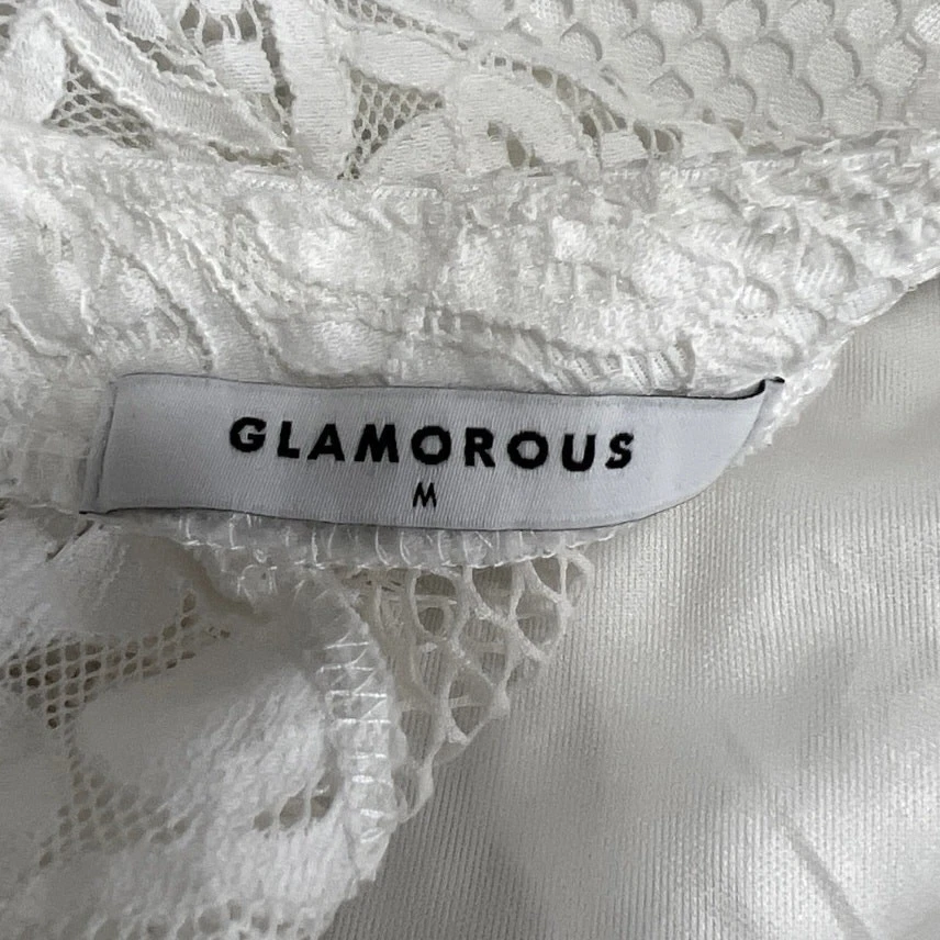 Glamoroso Vestido Blanco Encaje Cuello Simulado Manga Corta Transparente Mini Línea A Talla M Foto 4 de 4