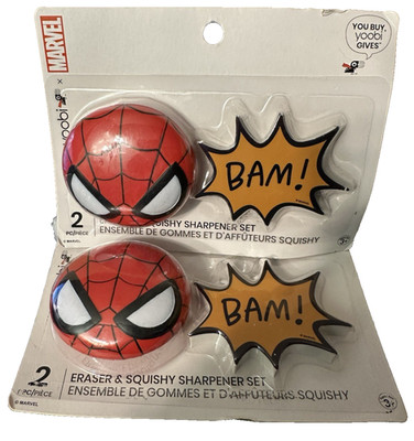 2 Sets ~ Squishy Spiderman Pencil Sharpener -  Bam!  Eraser  - Marvel Yoobi