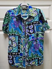 Bob Mackie Button Up Wearable Art Blouse - Hawaiian Cat Fish Monkey Abstract
