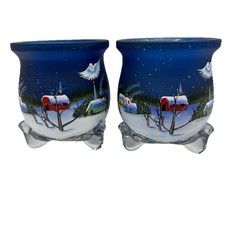 Qty 2 Glass Winter Scene Votive Tealight Candle Holder Christmas Bird Base VTG