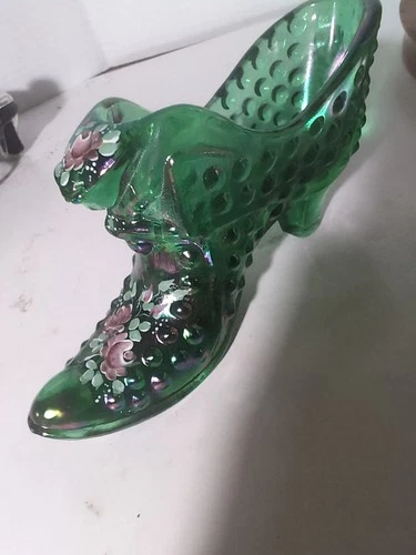 Fenton Art Glass Slipper Shoe Hand Painted Flowers Signed