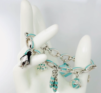Tiffany Christmas Charm Bracelet Blue Enamel Tree, Mittens