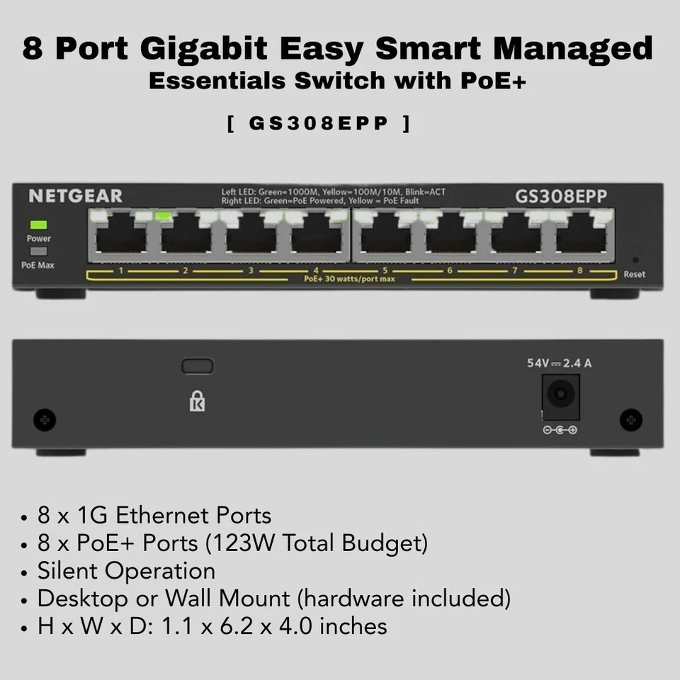 NETGEAR Ethernet Switch 8-Port Gigabit 8-PoE-123W Network Split Hub-GS308EPP - Image 2 of 4