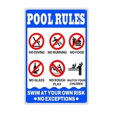Pool Rules Sign Warning Metal Sign for Swimming Pool Water Park Beach, 8x12 Inch