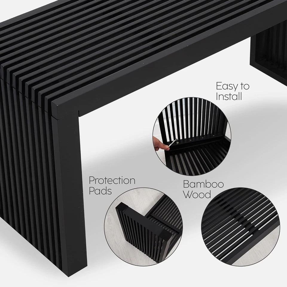 36" Bamboo Wooden Bench, Small Entryway Bench, Indoor Outdoor Living Room, Black - Image 3 of 4