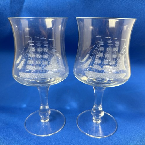 2 Kristall Barware Tulpenform Klar Gläser Geätzt Schiff Maritim Ozean Lot - Bild 2 von 15