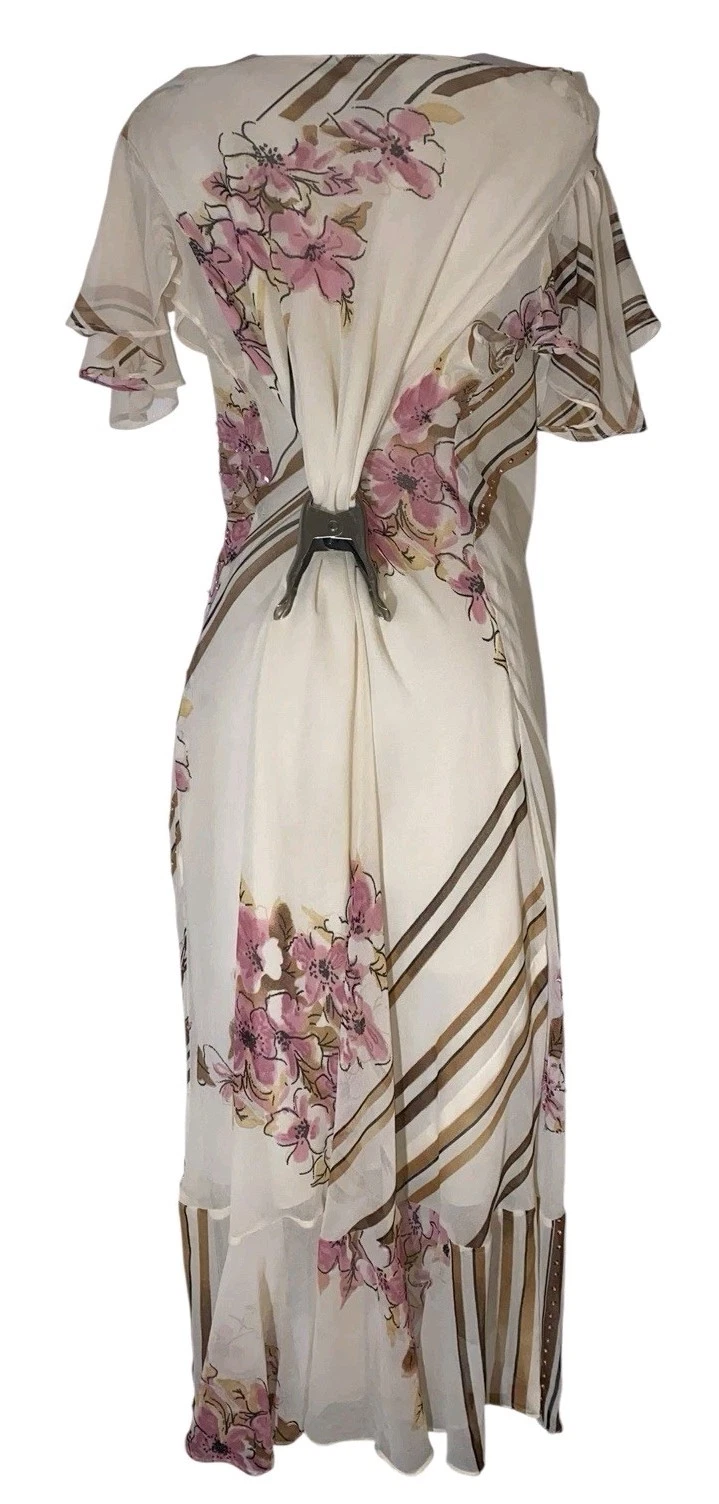 VETEMENTS Abito vintage anni 90 donna beige floreale collo cappuccio fata civetta grunge capriccioso 1X