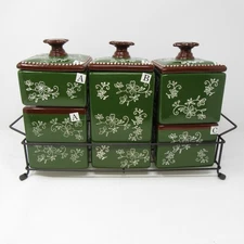 Temptations Green Floral Lace Stackable Canisters Set & Rack Stand 10 pc NEW
