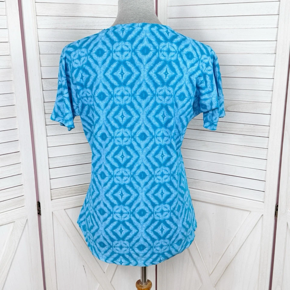 Camisa Fresh Produce Mujer Pequeña Azul Estampado Geométrico Algodón Cáñamo Manga Corta Foto 4 de 4