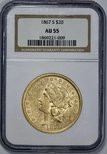 1867-S $20 Gold Liberty NGC AU 55 Double Eagle