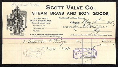 1901 Scott Valve Co. Chicago Steam Brass & Iron Goods Billhead Ephemera Scarce