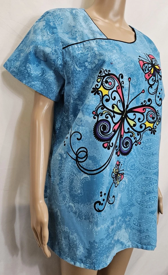UA SCRUBS Women Scrub Top Size 2X Blue Butterfly Print - Image 2 of 4