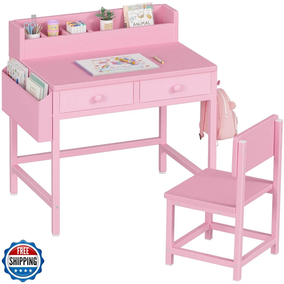 BOLUO Rosa Kinder Schreibtisch und Stuhl Set für 5-8 Jährige, Kleinkinderschreibtisch mit Fa