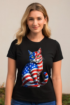 Funny Cute Cat Green Eyes Cat Usa Flag 4th Of July T-shirt