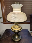 VTG Hurricane Table Lamp Brushed Brass Base Milk Glass Embossed Roses Lamp 21" A