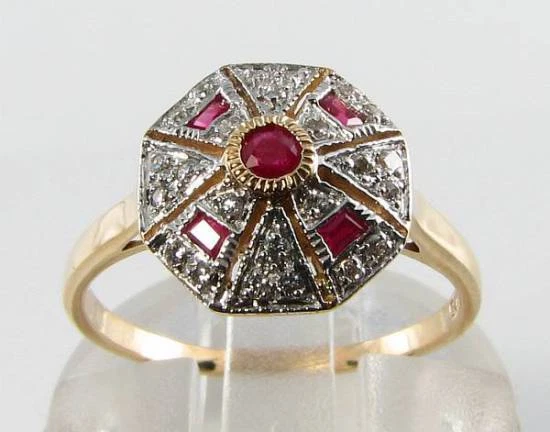 Anillo Art Deco Cocktail 9K 9CT Oro Rosa Rubí y Diamantes Cluster Ajuste Gratis