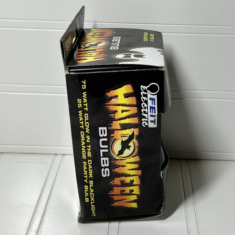 Feit Electric Light Bulb Orange & Black Spooky Scary Halloween 2 Pk Glow VTG - Image 4 of 4