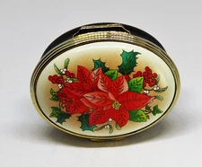 HALCYON DAYS ENAMEL BOX - CHRISTMAS FLOWERS - POINSETTIAS & HOLLY & MISTLETOE