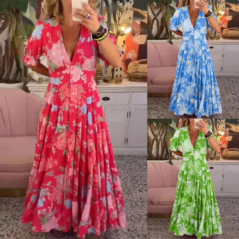Abito Lungo Donna Bohémien Con Stampa Floreale – Maniche Corte, Scollo A V, Vestibilità Morbida, Cotone E Spandex