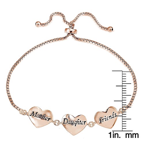 Rose Gold Tone on Silver MOM DAUGHTER FRIENDS Polished Heart Adjustable Bracelet - Picture 3 of 3