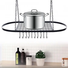 Hanging Pan Pot Cookware Rack Metal Kitchen Hanger W/ Hooks Ceiling Iron Holder
