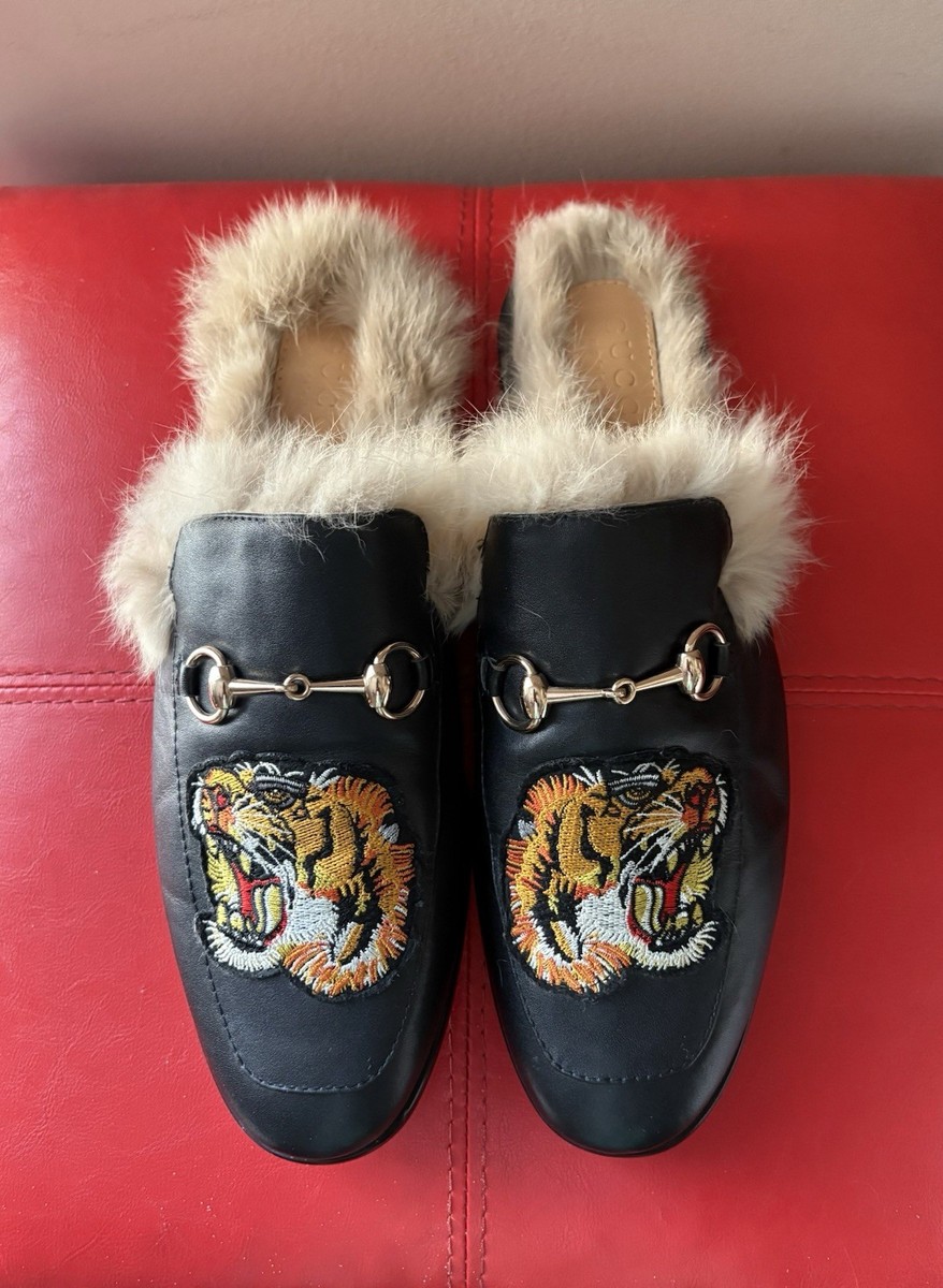 GUCCI Princetown Loafers Jordaan Fur Slide Mule Horse Bit Tiger EU