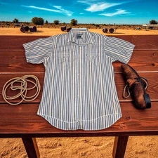 WRANGLER Pearl Snap Button Shirt Mens 16.5 COWBOY CUT Blue Striped X-Long Tails