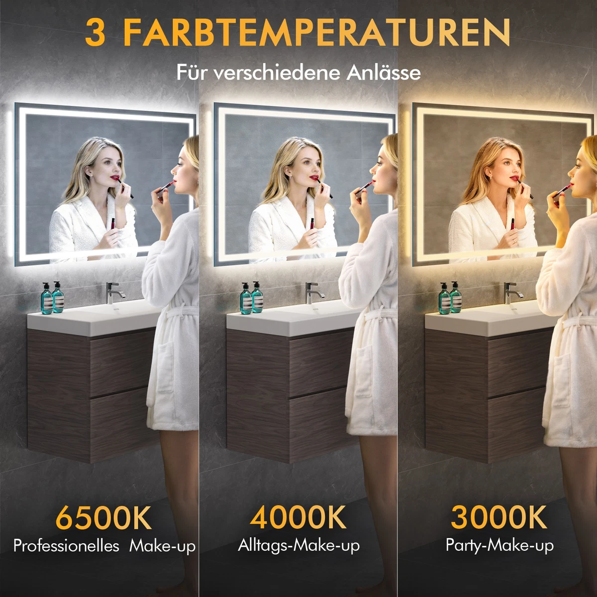 Badspiegel LED 100x60cm 3 Lichtfarben Dimmbar Wandmontage Touch-Schalter