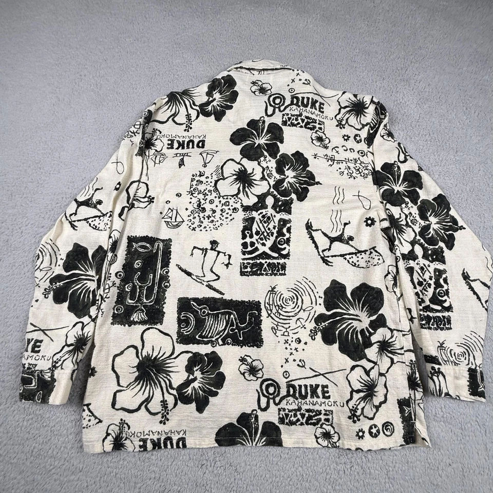 Duke Kahanamoku Shirt Mens Medium Ecru Black Hawaiian Aloha Surf Print Cotton - Image 2 of 4