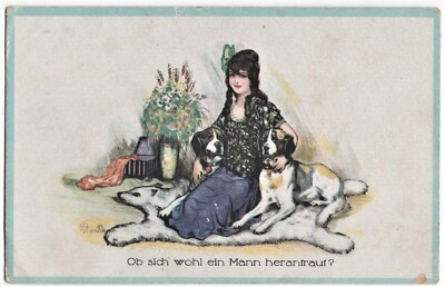alte Künstler-Ak, Frau mit Hund, Ob sich wohl ein Mann heran traut, beschrieben 