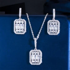 Women Shiny CZ Square Dangle Earrings Pendant Necklace Silver Plated Jewelry Set