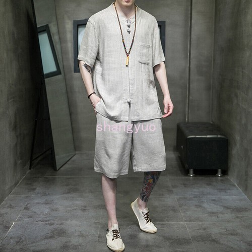 Men's Short Sleeve Button Closure Tan 100% Linen 2 Piece Shirt main image 0