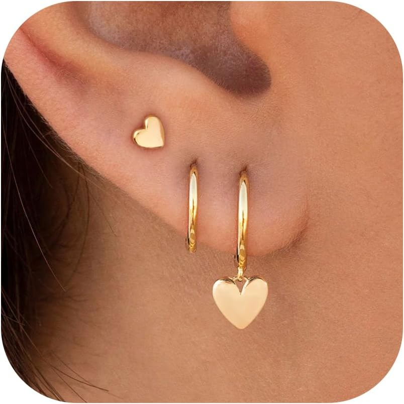 3 Pairs Gold Hoop Earring, 14K Gold Plated Earring Stacks Small Butterfly Heart