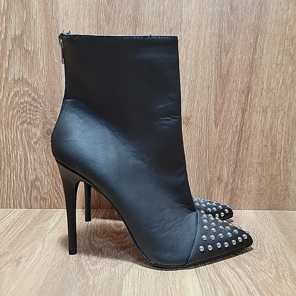 Botines Wild Diva Tacón Para Mujer 9 Cuero Negro Tachonado Cremallera Lateral Tacón Botines Foto 3 de 4