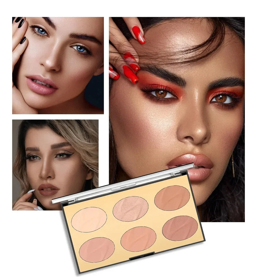 6 Color Face Contour Bronzer Shimmer Highlight 3D Brighten Shadow Powder Palette - Image 3 of 4