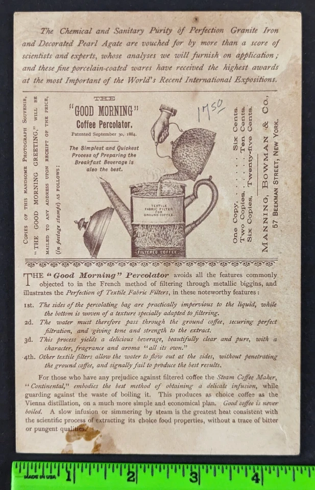 Vintage 1880's Good Morning Percolator Coffee Manning Bowman NY Woman Trade Card - Image 2 of 2