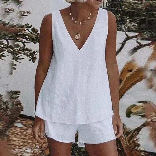 Set completo donna summe cotone lino set camicia top camicia pantaloncini tuta - Foto 7 di 17