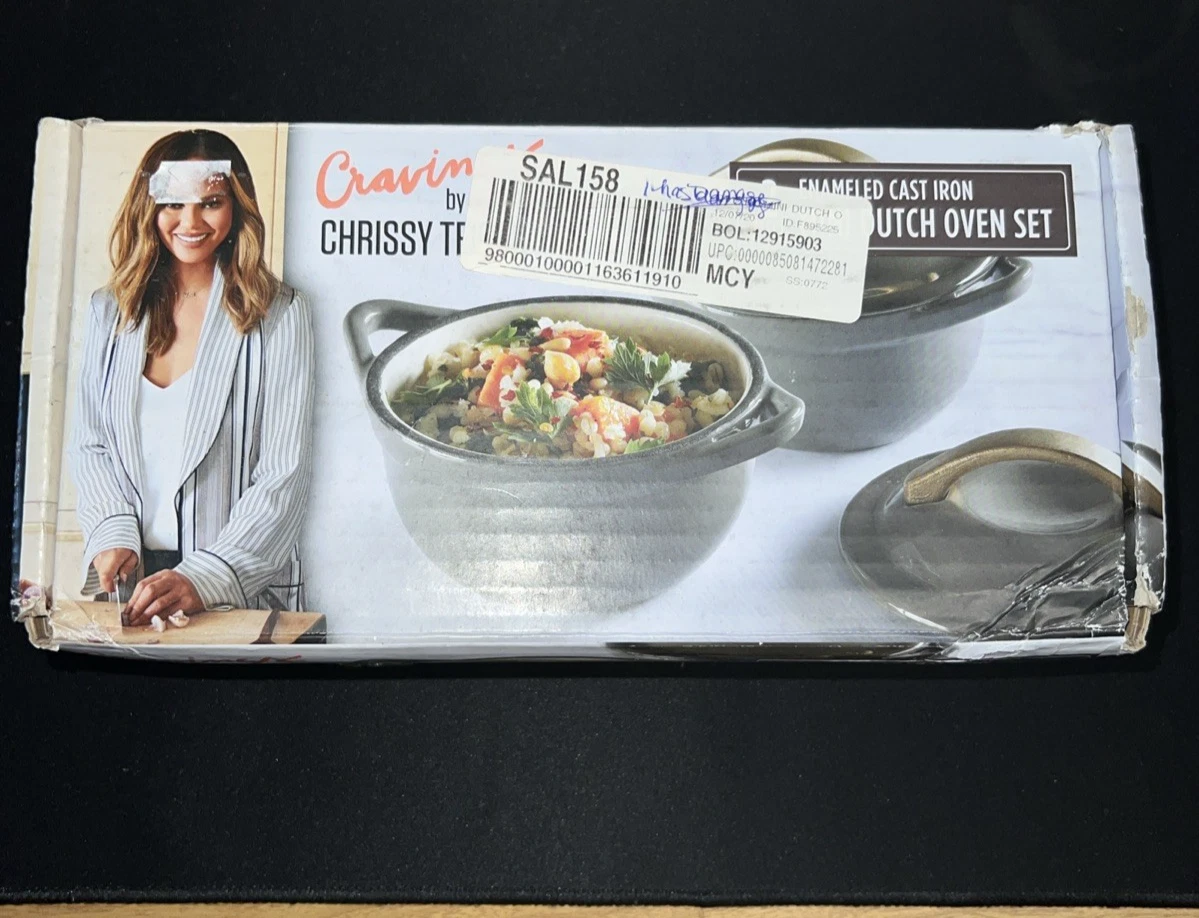 Cravings by Chrissy Teigen Enamel Cast Iron Mini Dutch Ovens, Set of 2, Gray