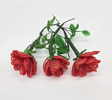 Vtg French Beaded Red Flower Rose 3 Stems Seed Bead Leaves Handmade Poseable