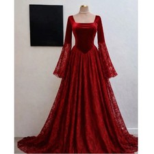 Square Collar A-Line Wedding Dresses Full Sleeves Silk Satin Lace Elegant Fairy