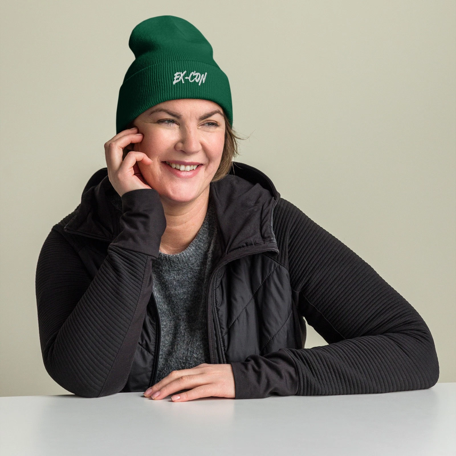 EX-CON Green Cuffed Beanie | Unisex Knit Beanie | Classic Winter Hat