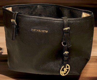 Michael Kors Jet Set Tote Black Zip Top Saffiano Medium Bag Leather