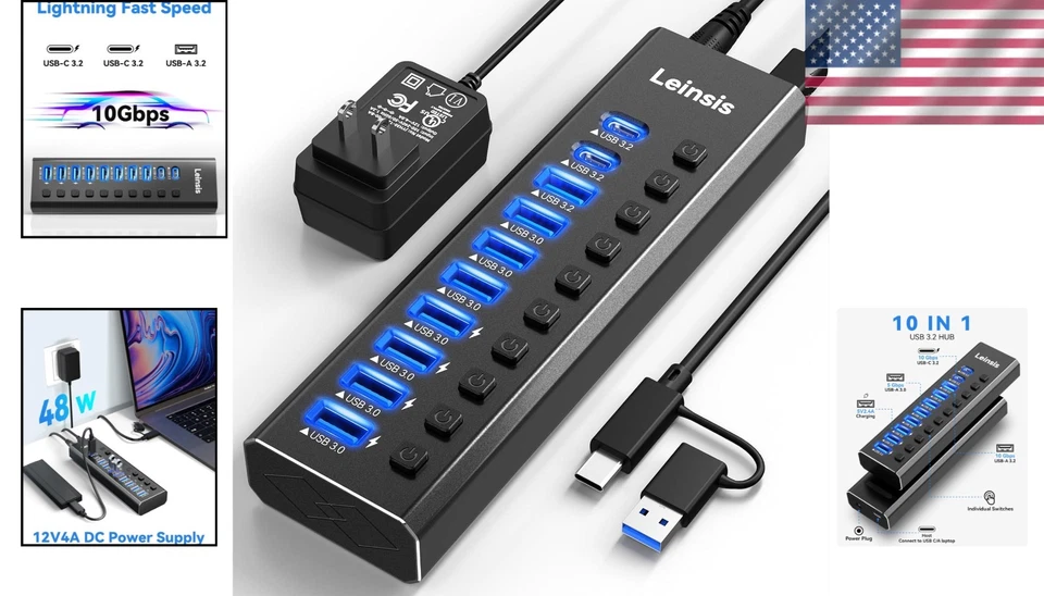 Sleek Aluminum USB Hub Powered for Various Devices - Image 2 of 4