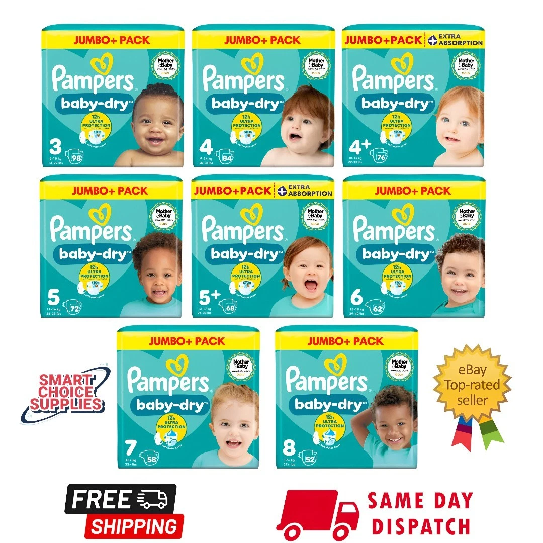 Pampers Baby Nappies Nappy Diapers Size 3-8 (6-17kg) Jumbo Disposable Pack Uk