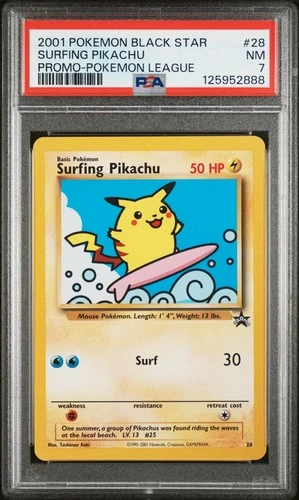 2001 WOTC POKEMON LEAGUE SURFING PIKACHU #28 BLACK STAR PROMO PSA 7 NM C