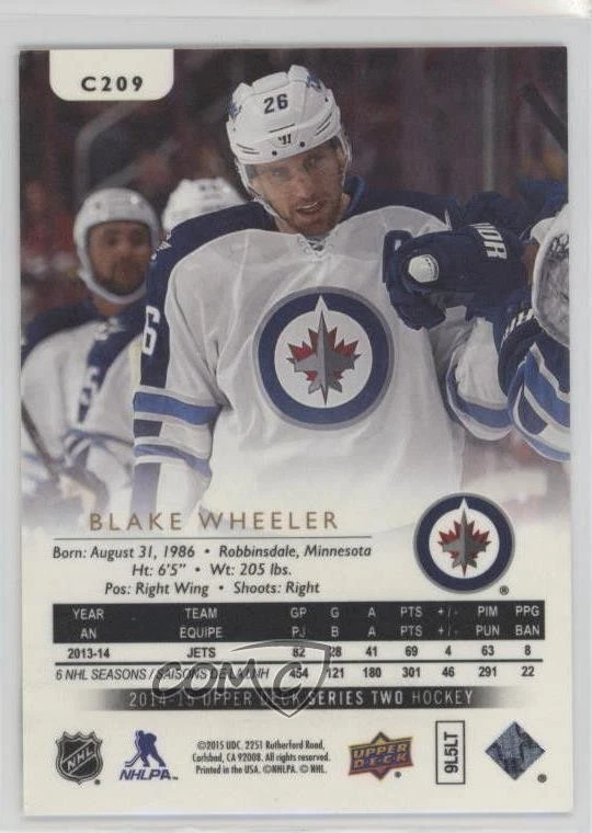2014-15 Upper Deck UD Canvas Blake Wheeler #C209 - Image 2 of 2