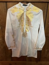 LucMatton Men African Dashiki Luxury Metallic Gold Printed Mandarin Collar Sz M
