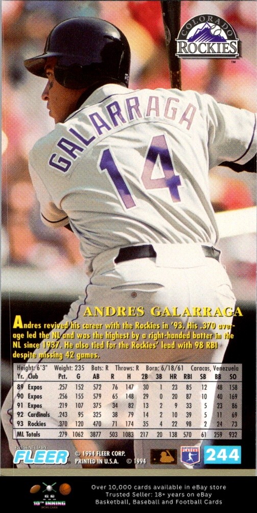 1994 Fleer Extra Bases BASEBALL #244 Andres Galarraga | eBay